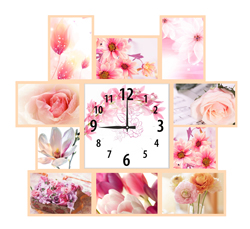Часы настенные со стеклом коллаж "Розовые цветы" цвет Выбеленный дуб (chst11-b11)