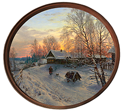 Круглый постер "Зимний вечер в деревне", арт. pk-bc30