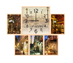 Часы настенные со стеклом коллаж "Ночной Париж" цвет Выбеленный дуб (chst06-b01)