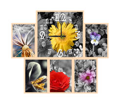 Часы настенные со стеклом коллаж "Цветы на черно-белом фоне" цвет Выбеленный дуб (chst06-b06)