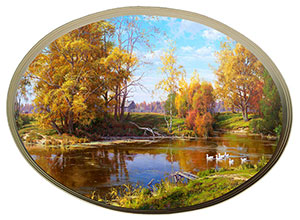 Постер овальный "Сельский пруд осенью", Басов С., репродукция, арт. po-bc18