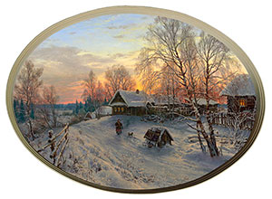 Постер овальный "Зимний вечер в деревне", Басов С., репродукция, арт. po-bc30