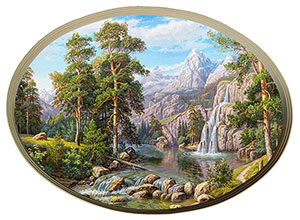 Постер овальный "Пейзаж с водопадом", репродукция, Потапов В., арт. po-pv3